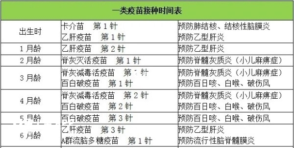 新生兒0~6個月疫苗接種表